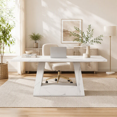 63" Wood Computer Desk, Faux Marble Executive Desk Office Desk