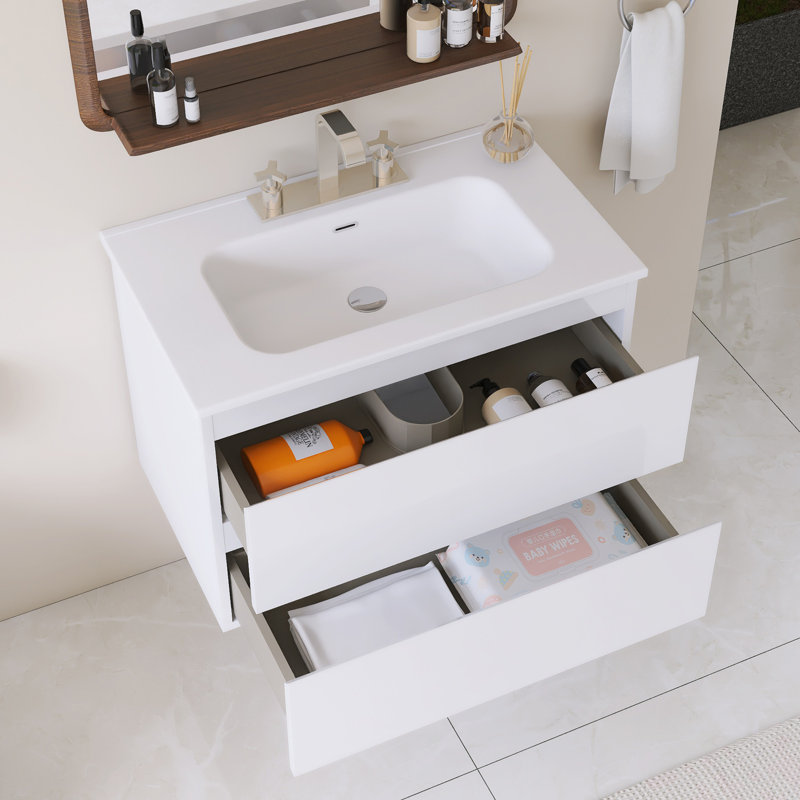 Meuble-lavabo mural simple avec comptoir intégré en céramique blanche, Blanc, 30"