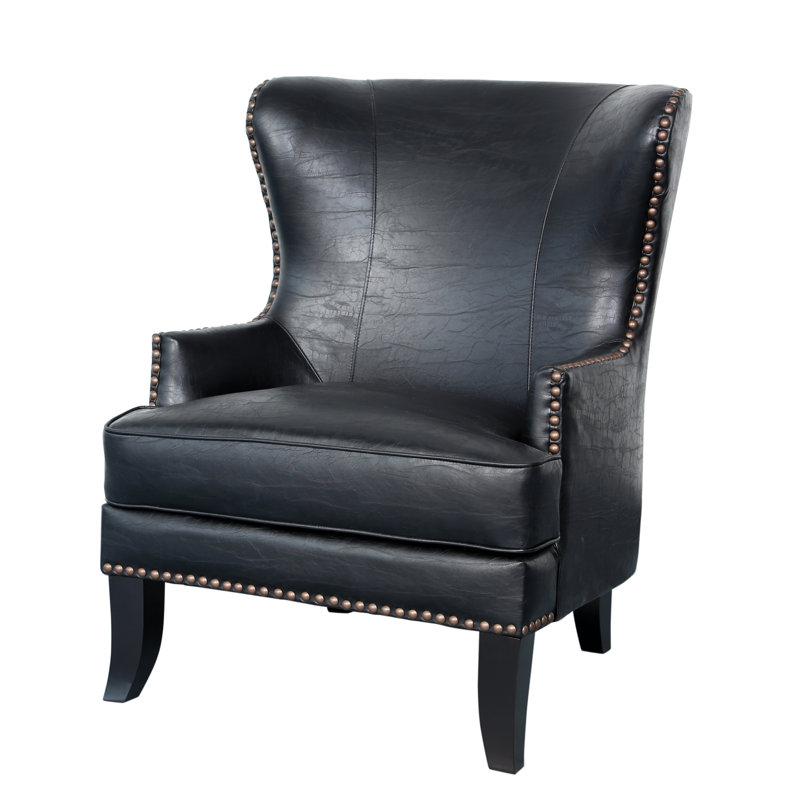 Giambrone Faux Leather Wingback Chair, Black Faux Leather