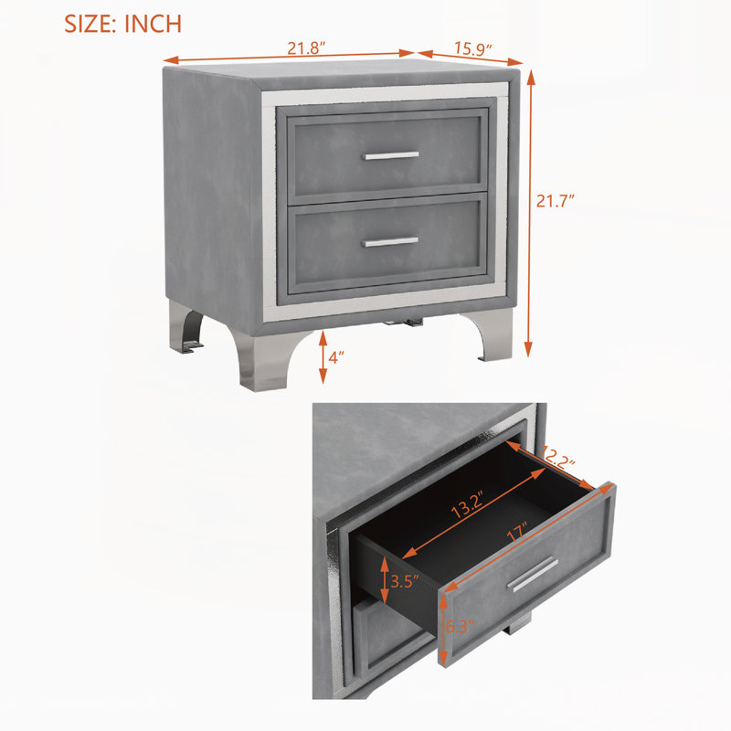 Velvet Solid Wood Nightstand, Gray