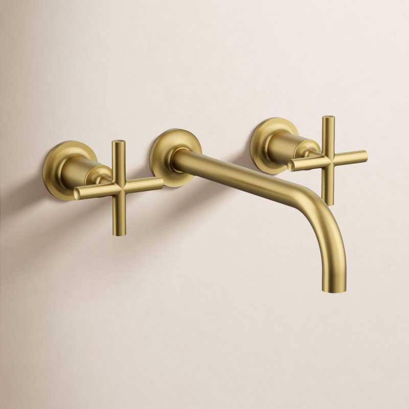 Robinet de salle de bain à montage mural Purist®, Laiton brossé moderne éclatant, Poignées croix