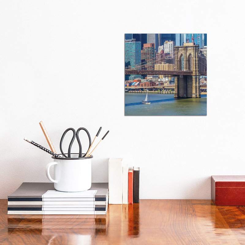 New York City Brooklyn Bridge and Manhattan Skyline 1 Piece Wrapped Canvas Wall Art, 30.48 cm H x 30.48 cm W