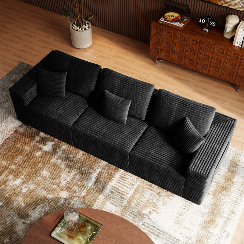 Abdou 106.2" Compression Long Sofa, Corduroy Cloud Couch, Black