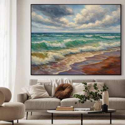 Extra Large Wall Art Fabric Print - Seascape Dynamic Ocean Waves and Cloudy Horizon for Coastal Artwork Decor for Living Room or Bedroom - "Frame Assembly Required (Unfinished Frame)"