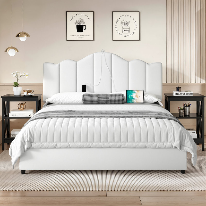Full Upholstered Bed With 2 Nightstands – Charging Station, Modern Bedroom Set, Full, White/Black