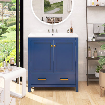Solid Wood Frame Bathroom Vanity with 2 Doors and a Drawer, Soft Closing