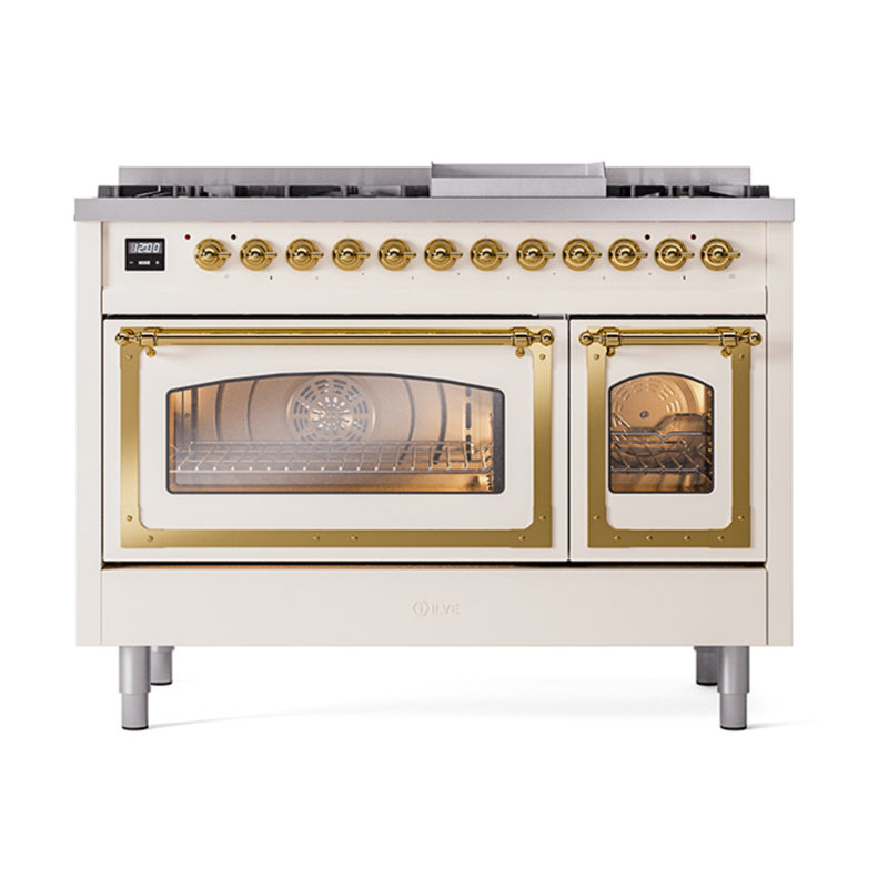 ILVE Nostalgie II Series Noblesse 48 inch Dual Fuel Range with 8 Sealed Burners, Griddle (Glass Door), Brass, Antique White
