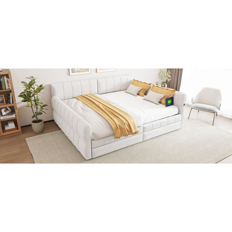 Grand lit plateforme tapissier avec port USB et tiroirs, Blanc