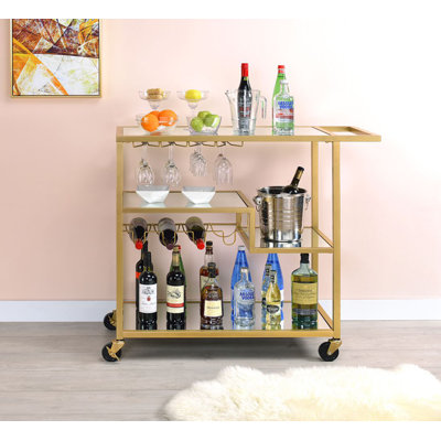 Brooks Metal Bar Cart with Mirrored Shelves & Wine Rack