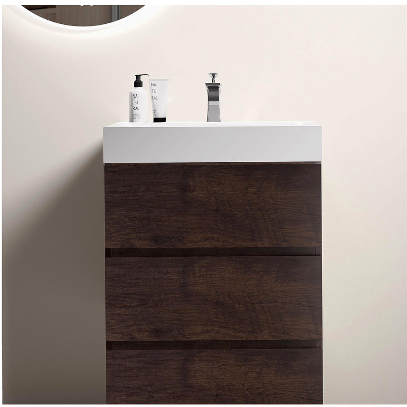 Coiffeuse en noyer avec lavabo, grande coiffeuse indépendante avec rangement, lavabo intégré moderne sans drainage et robinet, pré-assemblé