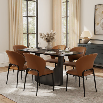 6 Seat Modern Stone Dining Table Set With Faux Leather Side Chairs, 7-piece Dining Table Set