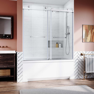 Porte de douche en verre coulissante sans cadre, verre trempé transparent épais, matériel en acier inoxydable robuste, cabine de douche à dérivation