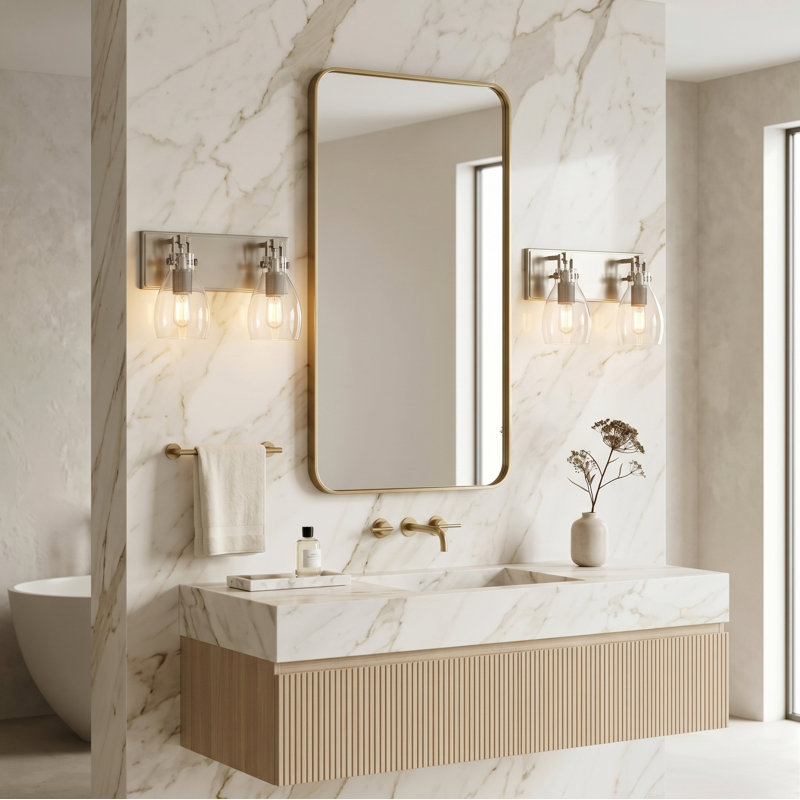 Éclairage pour salle de bain 2 lumières en nickel brossé avec abat-jour en verre transparent Solara, Nickel brossé