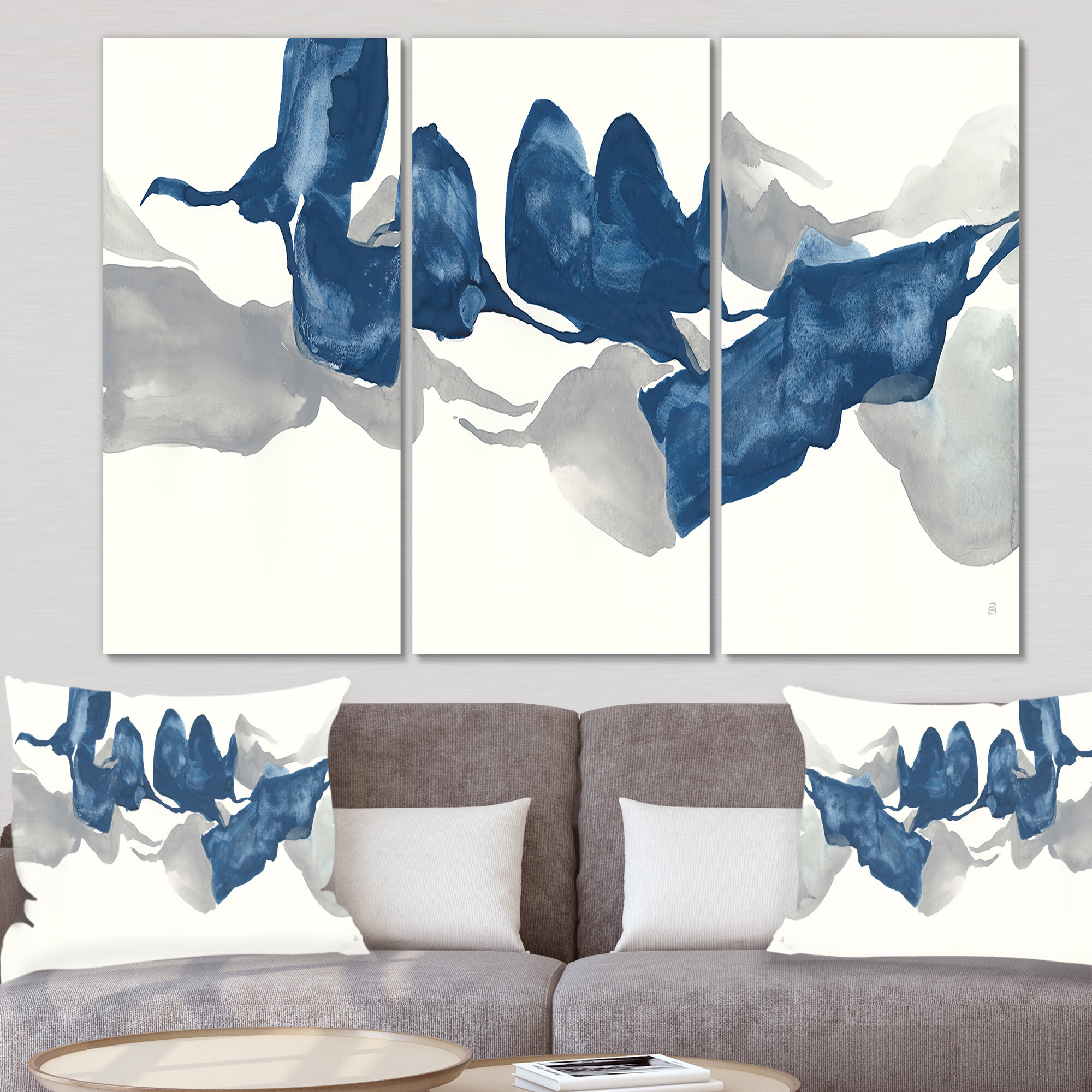 Tryptich Large Canvas Art Print - Indigo Blue Feathers II ( Decorative Elements > Feathers art) - 60x60 in