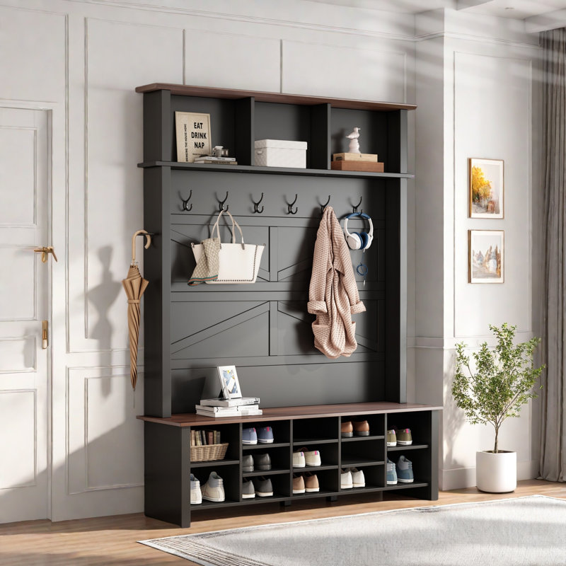 Farmhouse 4-in-1 Hall Tree With 6 Hooks, Entryway Bench With Adjustable Shelves, 16 Open Compartments And A Side Umbrella Rack