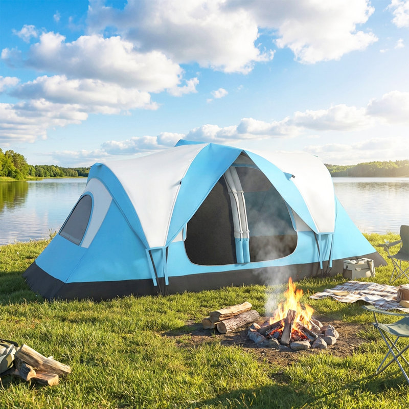 Outsunny 2 Room Camping Tent with Waterproof Rainfly & Screen Panels, Blue