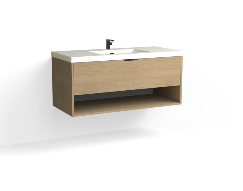 Modo 48" W Wall Mounted Single Bathroom Vanity, Glossy White/8" Widespread, White Acrylic, Satin Nickel