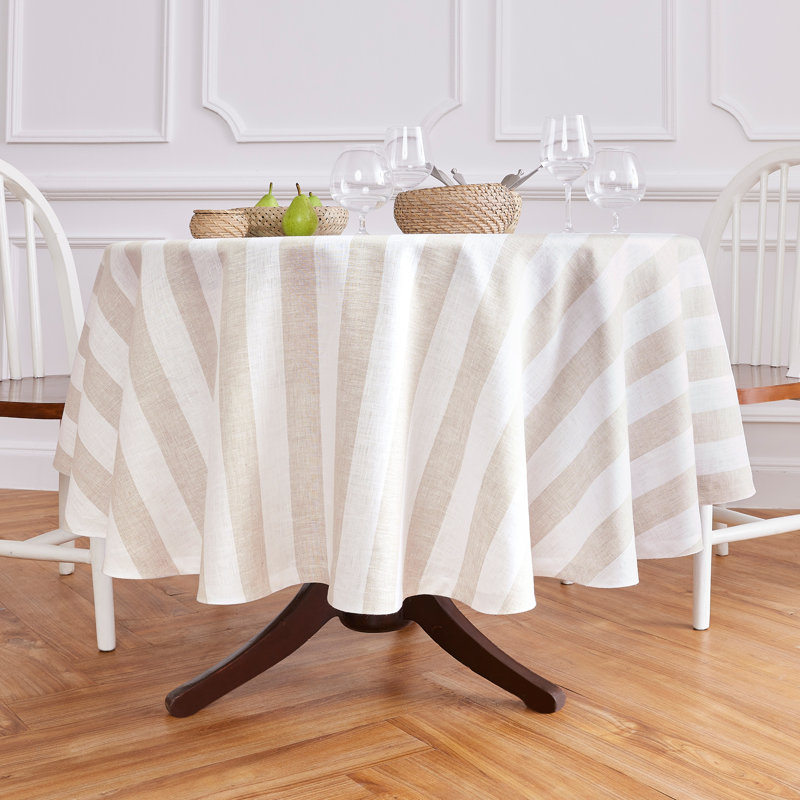 Cabana Stripe - 100% Pure Linen Round Tablecloth, 60" Round, Natural and White