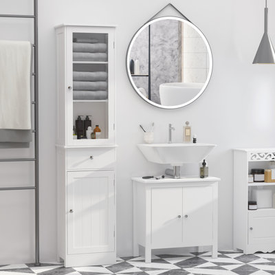 Tall Slim Bathroom Cabinet - Narrow Linen Tower With Acrylic Door & Drawer White For Ample Storage In Bathrooms Living Rooms And Shelf Spaces