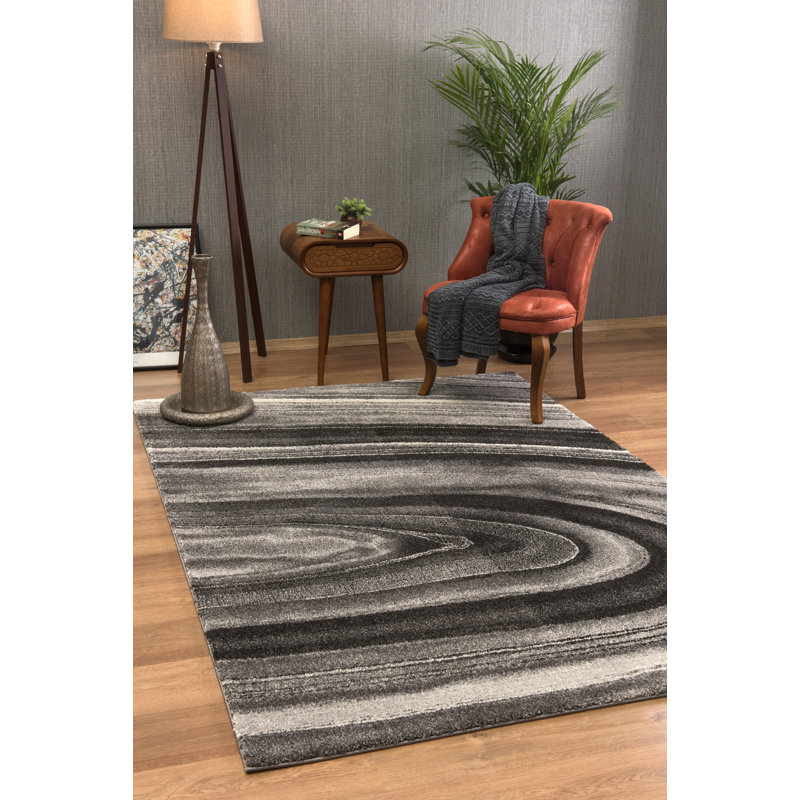 Tapis à motif abstrait gris / noir 4 pi x 6 pi (3 pi 9 po x 5 pi 6 po) Branch Darius, tapis contemporain, à poils moyens et résistant aux taches