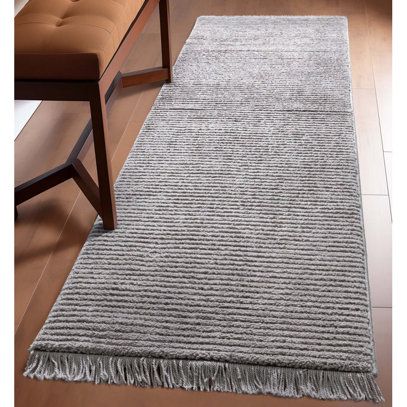 Marina Carlow Solid & Striped Textured Taupe Ivory Ultra Soft High-Low Shag Rug, Runner 2'7" x 9'10" 