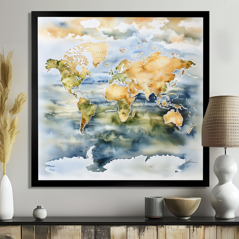 Carte du monde des océans III - impression sur carte du monde, Reproduction encadrée d'une seule photo sans pass, Noir