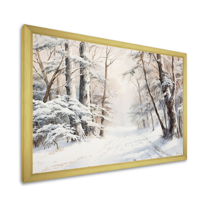 Hiver, forêt, charme de neige, paysage - neige, art mural, Cadre doré simple, H 34 po x l 44 po x P 1,5 po