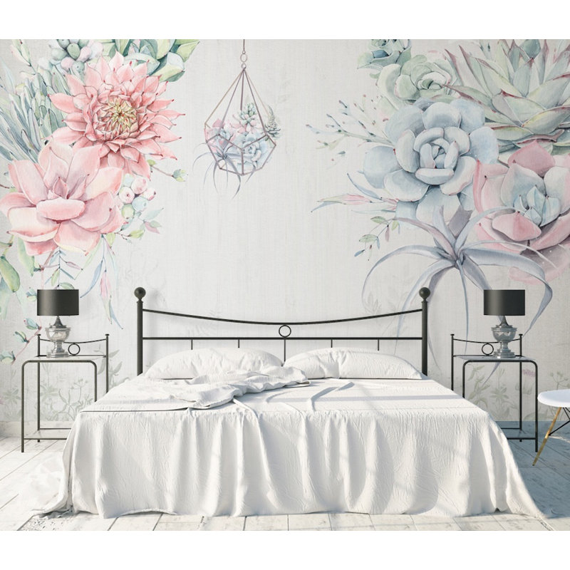 Papier peint texturé amovible fleurs roses et bleues pastel, l 112 po x L 75 po