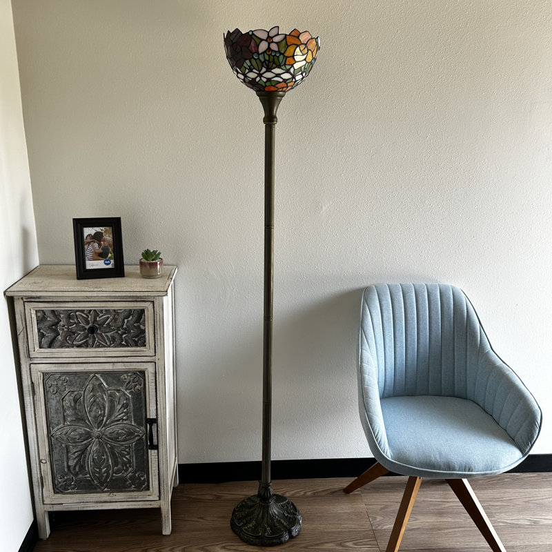 Tonsey Tiffany Torch Floor Lamp Red/Yellow Stained Glass Rose Flowers 12"W*12"D*66"H