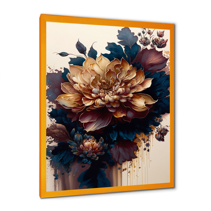 Bourgogne et bleu Dahlia bouquet II - art mural Dahlia, H 32 po x l 16 po x P 1 po, Cadre doré