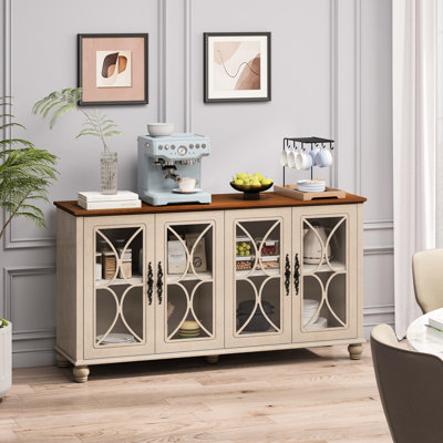 Armoire élégante à 4 portes beige. Indispensable dans la salle à manger. Portes en verre trempé et placage de bois, armoire d'organisation fonctionnelle avec verre. Style européen rétro pour la chambre à coucher. , Espace de rangement réglable