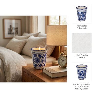 Decorative Ceramic Jasmine Candle for Bookshelf - Modern Accent for Coffee Table, Bedroom, or Living Room Decor - 5", Blue & White