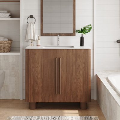 36" Freestanding Bathroom Vanity with Sink, Rounded Wood Grain Bathroom Cabinet with Double Doors & Adjustable Shelf, Marble Countertop Undermount Sink for Bathroom