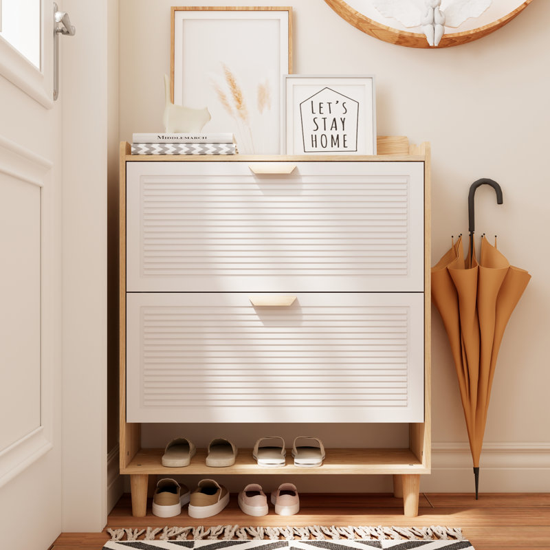 31.5 Inch Entryway Shoe Organizer With 2 Flip Drawers, Nordic Aesthetic, Solid Wood Legs, Design Inspired Freestanding Rack Cabinet Doors, White And Natural Combination