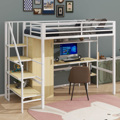 Lit mezzanine en métal avec table de travail, tablette de rangement, garde-robe et escalier