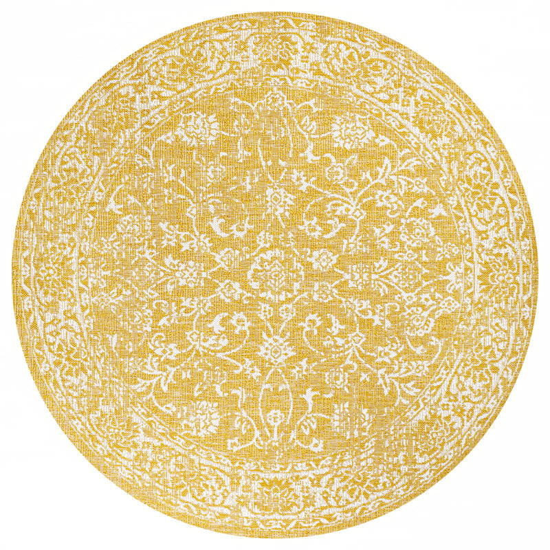Delcine Bohemian Textured Weave Floral Yellow/Cream Indoor/Outdoor Rug, Round 5'3"