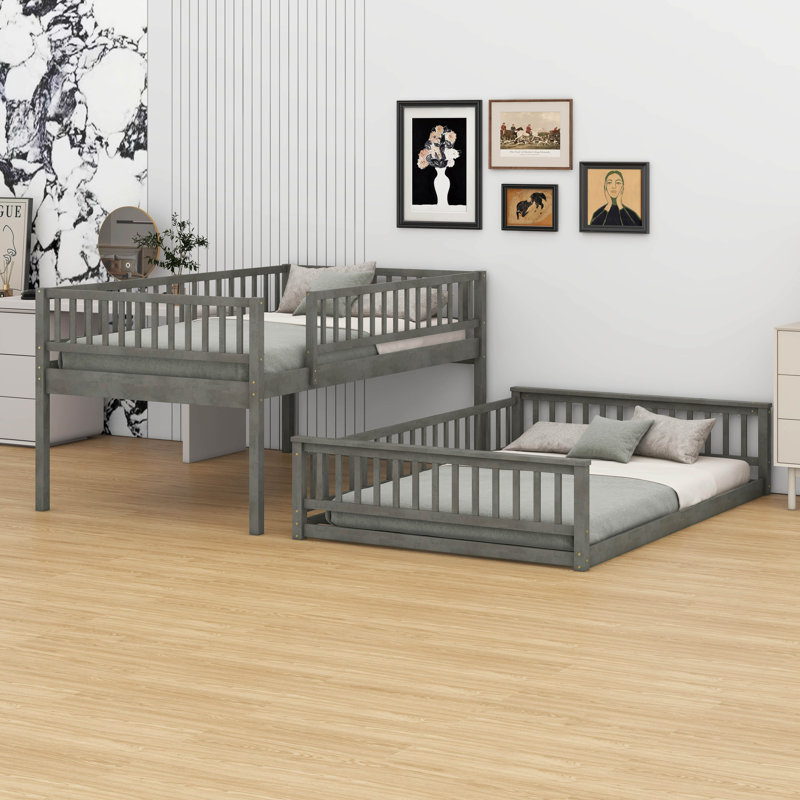 Full XL Over Queen Bunk Bed With Full Length Guardrail And Ladder, Wood Floor Bunk Bed Frame, Gray