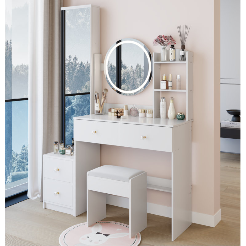 Armoire à miroir pleine grandeur + coiffeuse à miroir rond à DEL + tabouret rembourré, miroir à DEL de 17 po de diamètre, commande tactile, 3 couleurs, luminosité réglable, grand bureau, rangement multicouche à grande capacité