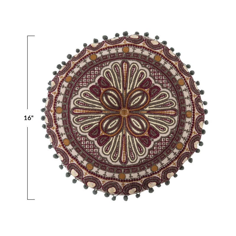 Round Embroidered Cotton Pillow with Pom Pom Trim