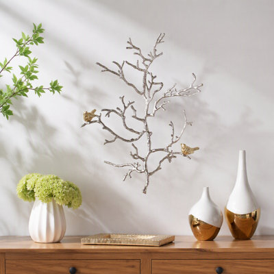 17X5.5X22" Metal Branch Wall Sculptures With Bird Accents, Set Of 2