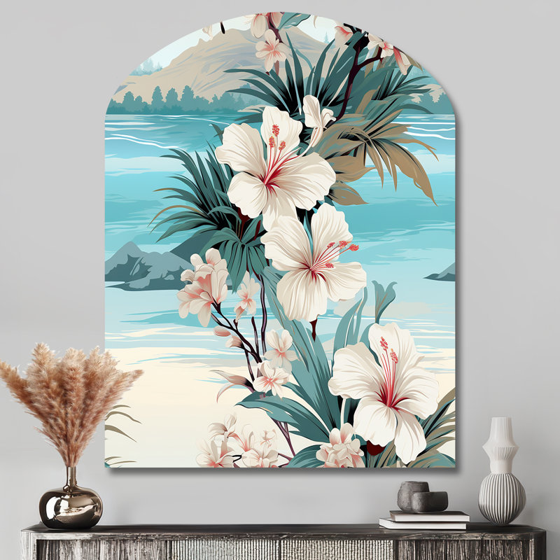 Motif tropical de bord de mer, impression sur métal, arche côtière, art mural blanc asymétrique en métal, H 43 po x l 33 po