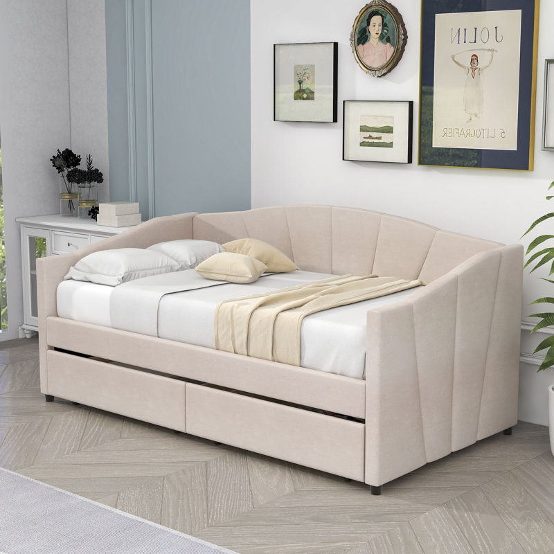 Lit de jour rembourré 2 tiroirs Dezden, Beige