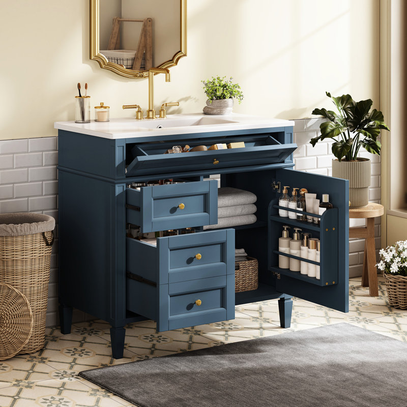 Meuble-lavabo moderne de 36 po avec lavabo en céramique, 3 tiroirs et 1 armoire de rangement, tablette réglable, organisateur de porte d'armoire, glissières de tiroir en métal lisse, poignée texturée exquise à pieds romains