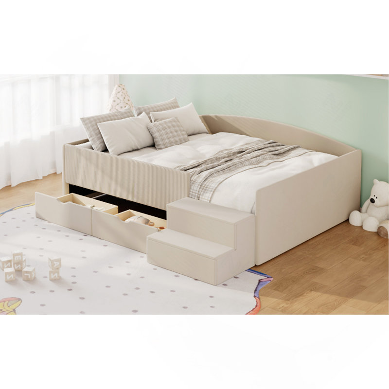 Cadre de lit de jour entièrement rembourré avec 2 tiroirs de rangement et dossier confortable, beige