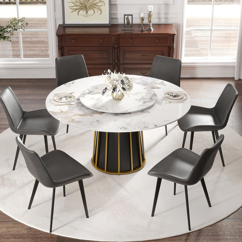 Table de salle à manger 54,47 po en pierre frittée blanche - Base en fer et chaleur, chaleur et feu, 6 platines rondes 23,62 po, peut accueillir 6 personnes