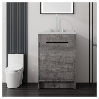 Meuble-lavabo autoportant de 24 po avec lavabo, porte à fermeture en douceur, plateau et dosseret en marbre de culture blanc de Carrare, finition grise