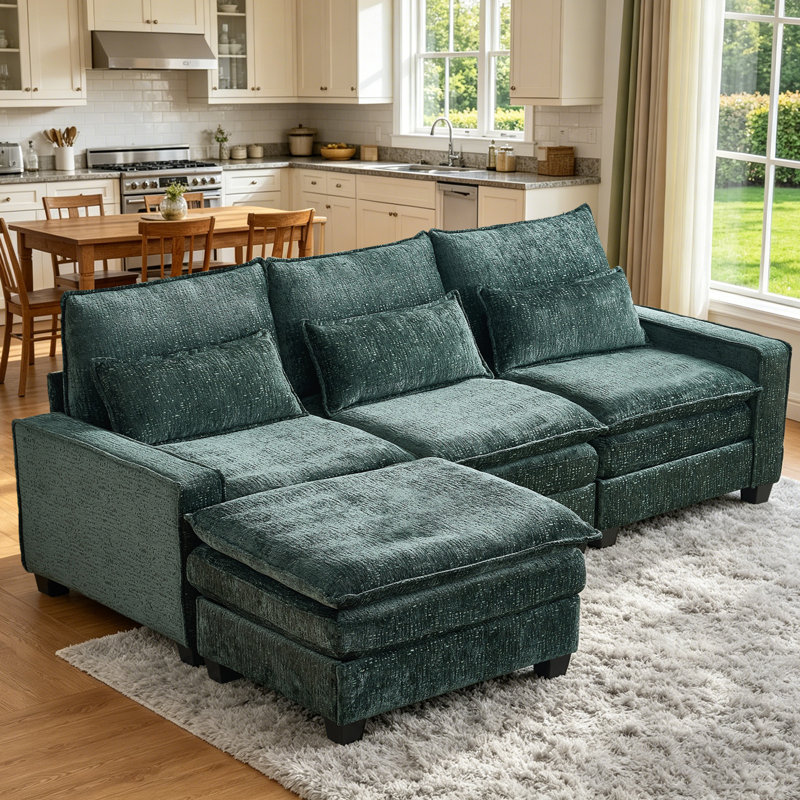 {New Arrived} 99.50 Inch 3-Seater Chenille Modular Sofa Set with Movable Ottoman,Free Combination, Green Chenille