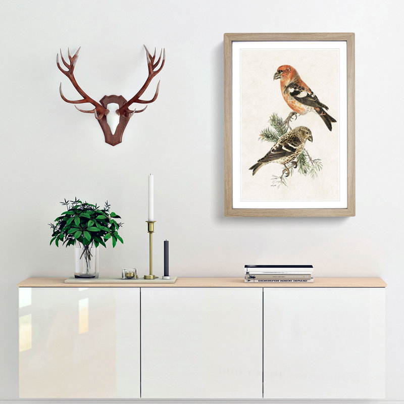 Crossbill Birds by Von Wright - Picture Frame Painting Print, 65cm H x 48cm W x 2cm D, Oak Framed