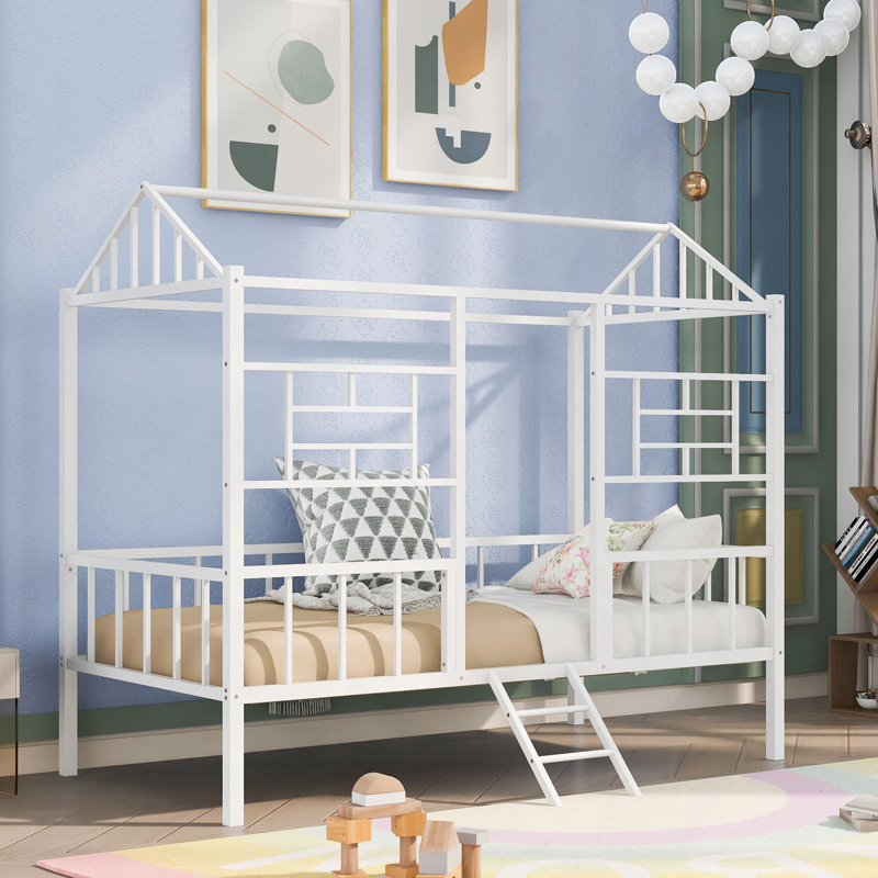Structure de lit en métal pour lit simple avec support à lattes sans sommier blanc