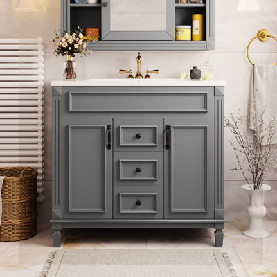 Meuble-lavabo moderne gris 36 po avec compartiments spacieux pour ranger facilement tous vos articles essentiels